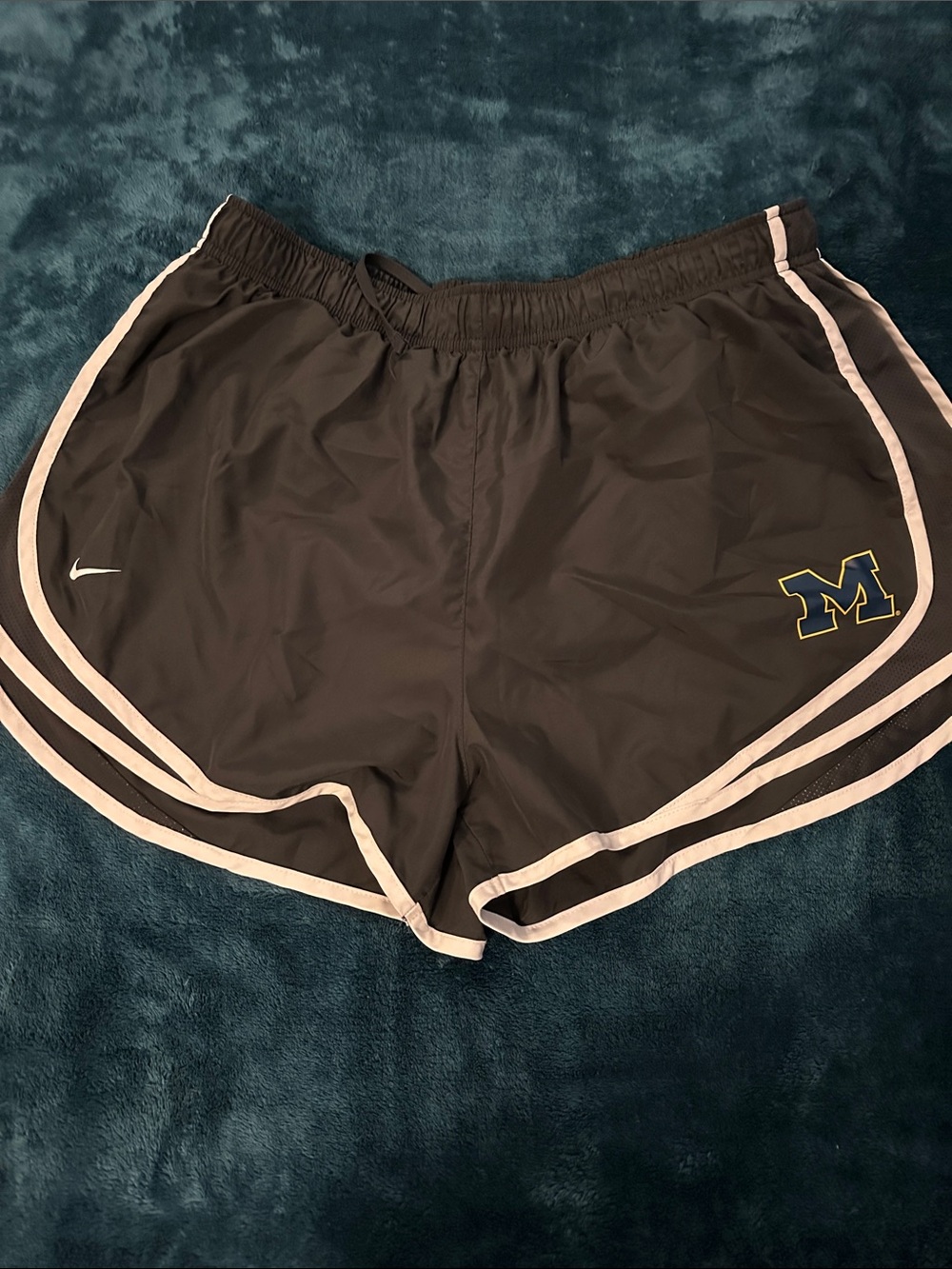 Nike Women’s Charcoal Athletic Shorts with White Piping and Navy/Yellow 'M' Logo